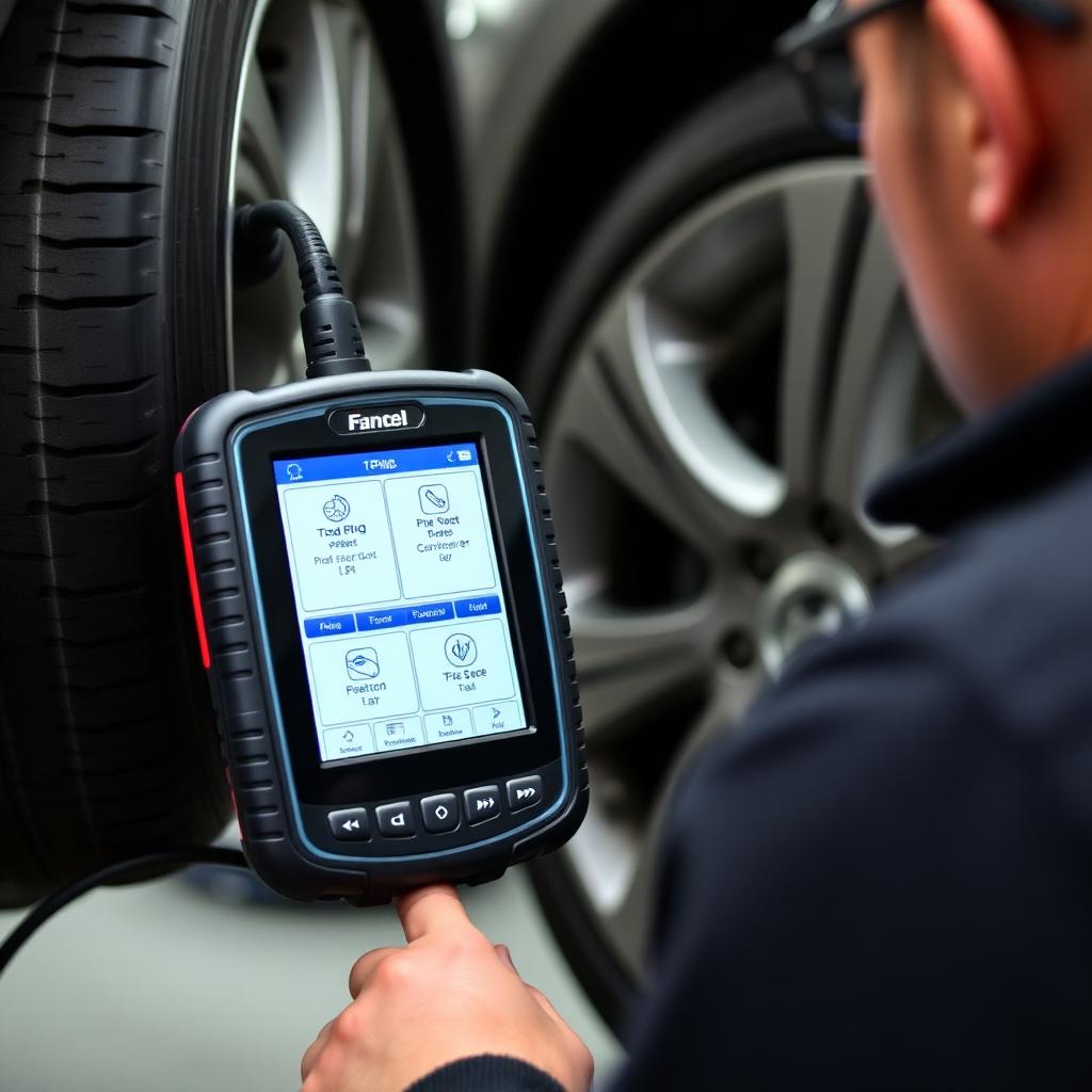 technician using a tool for programming a vehicle sensor